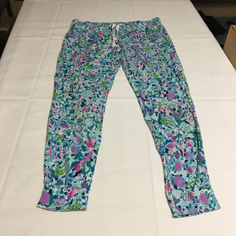 Lilly Pulitzer Tinsely Knit PJ Pants Size Large Pajama Blue Coastal Sea Shells